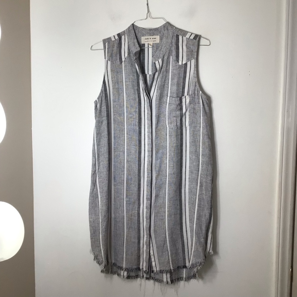 Cloth & Stone Anthropologie linen dress women medium grey stripe fringe sleevele